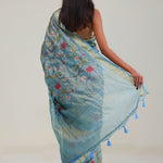 Moonstone Blue Jaali Crafted Tissue Saree