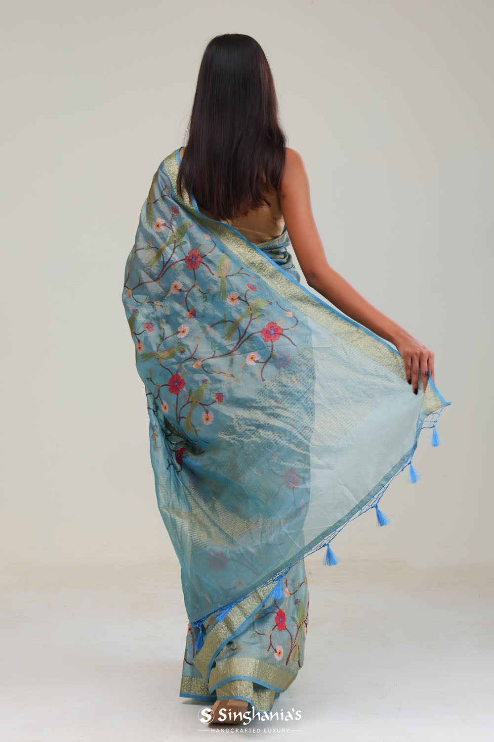 Moonstone Blue Jaali Crafted Tissue Saree