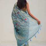 Moonstone Blue Jaali Crafted Tissue Saree