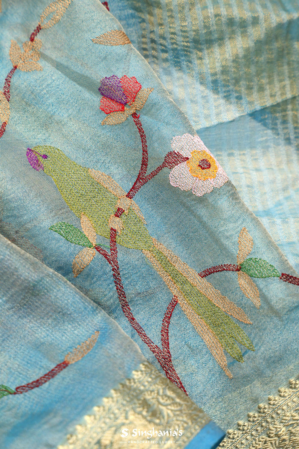 Moonstone Blue Jaali Crafted Tissue Saree