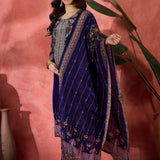 Royal Blue Silk Kurti With Floral Sleeves
