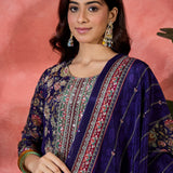 Royal Blue Silk Kurti With Floral Sleeves