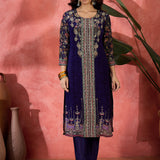 Royal Blue Silk Kurti With Floral Sleeves