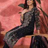 Charcoal Black Silk Kurti With Floral Yoke