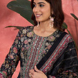 Charcoal Black Silk Kurti With Floral Yoke