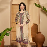 Almond Beige Silk Kurti With Floral Panel