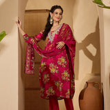 Magenta Silk Kurti With Floral Bouquet Print