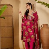 Magenta Silk Kurti With Floral Bouquet Print