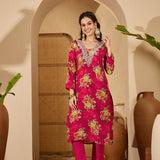 Magenta Silk Kurti With Floral Bouquet Print