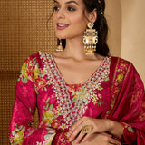 Magenta Silk Kurti With Floral Bouquet Print