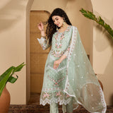 Sage Green Organza Kurti With Floral Embroidery