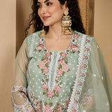 Sage Green Organza Kurti With Floral Embroidery