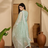 Sage Green Organza Kurti With Floral Embroidery