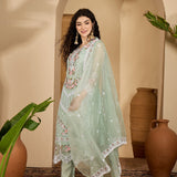 Sage Green Organza Kurti With Floral Embroidery