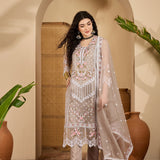 Taupe Organza Kurti With Scalloped Floral Work