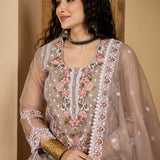 Taupe Organza Kurti With Scalloped Floral Work