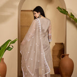Taupe Organza Kurti With Scalloped Floral Work