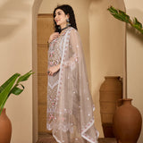 Taupe Organza Kurti With Scalloped Floral Work