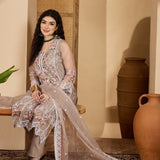 Taupe Organza Kurti With Scalloped Floral Work
