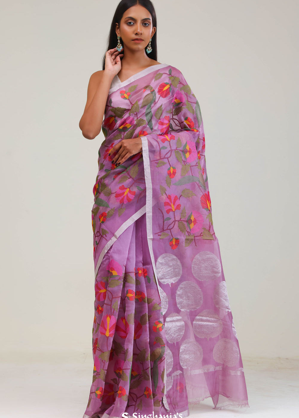 Orchid Purple Jaali Crafted Organza Saree
