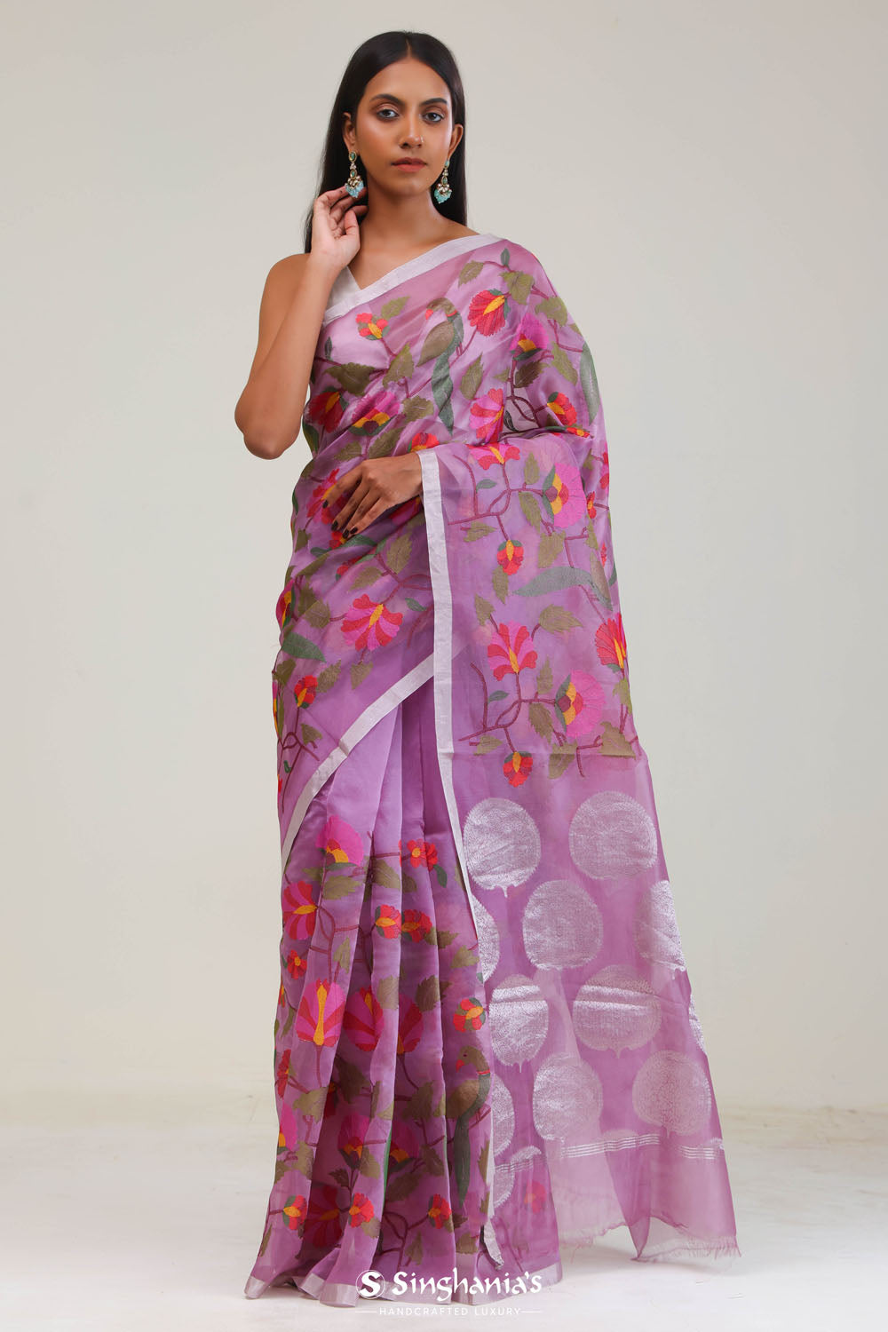 Orchid Purple Jaali Crafted Organza Saree