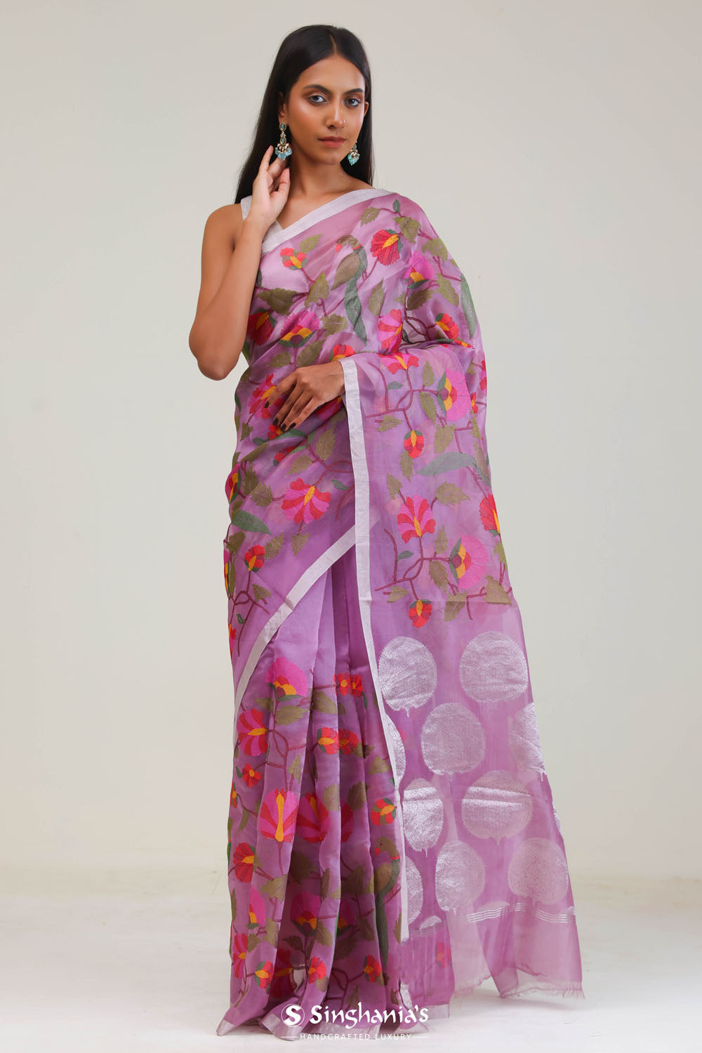 Orchid Purple Jaali Crafted Organza Saree