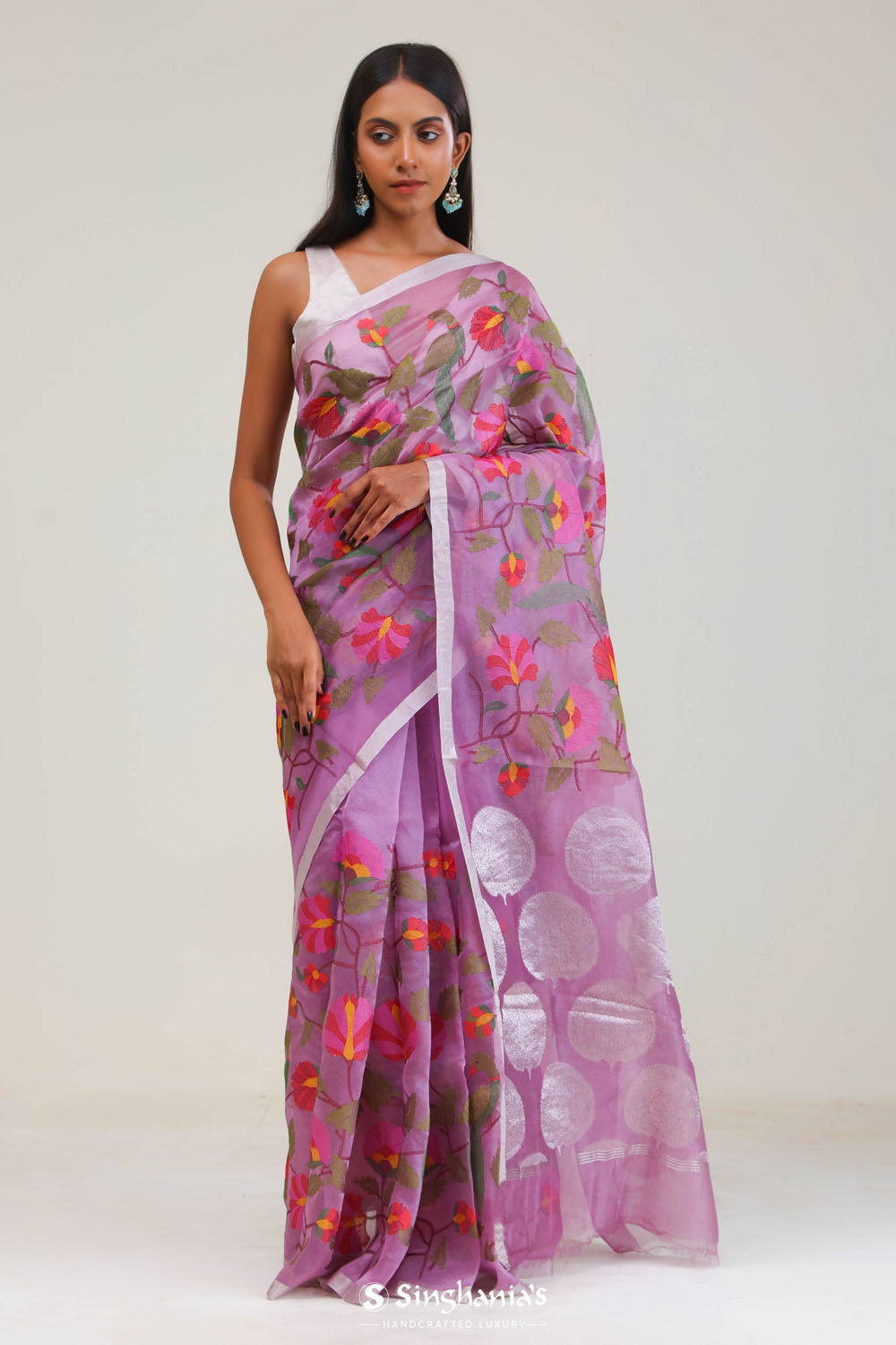 Orchid Purple Jaali Crafted Organza Saree