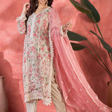 Ivory Pink Floral Print Organza Kurti With Pink Dupatta