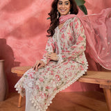 Ivory Pink Floral Print Organza Kurti With Pink Dupatta