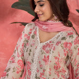 Ivory Pink Floral Print Organza Kurti With Pink Dupatta