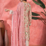 Ivory Pink Floral Print Organza Kurti With Pink Dupatta