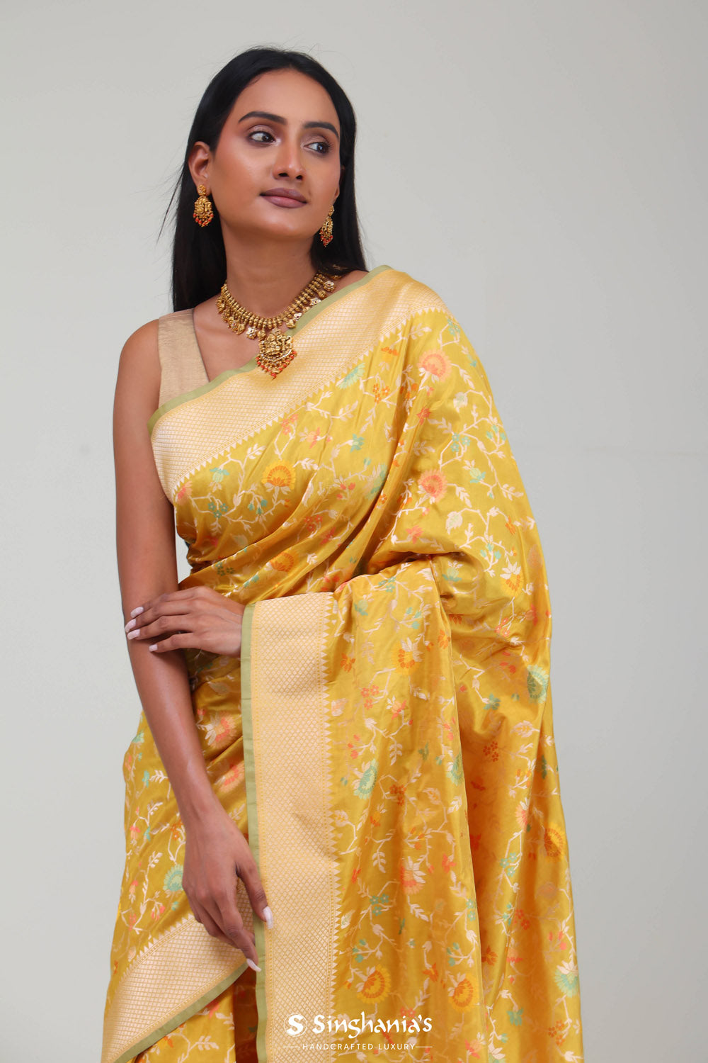 Citrine Green Banarasi Silk Jaal Saree