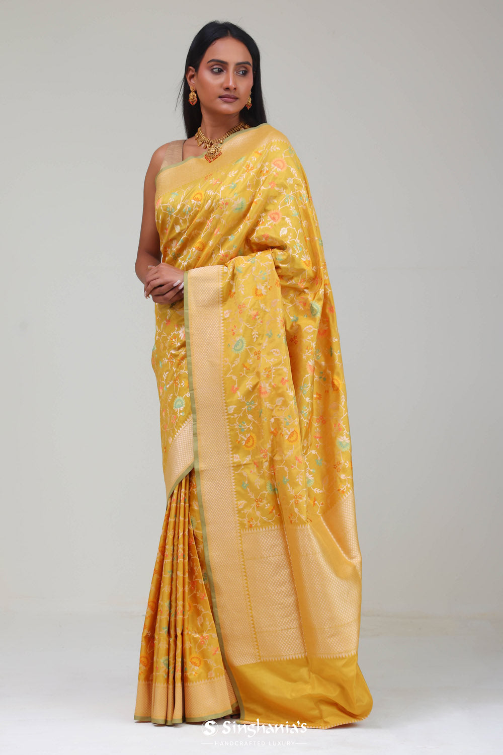 Citrine Green Banarasi Silk Jaal Saree