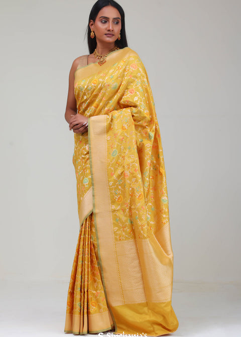<img> Citrine Green Banarasi Silk Jaal Saree