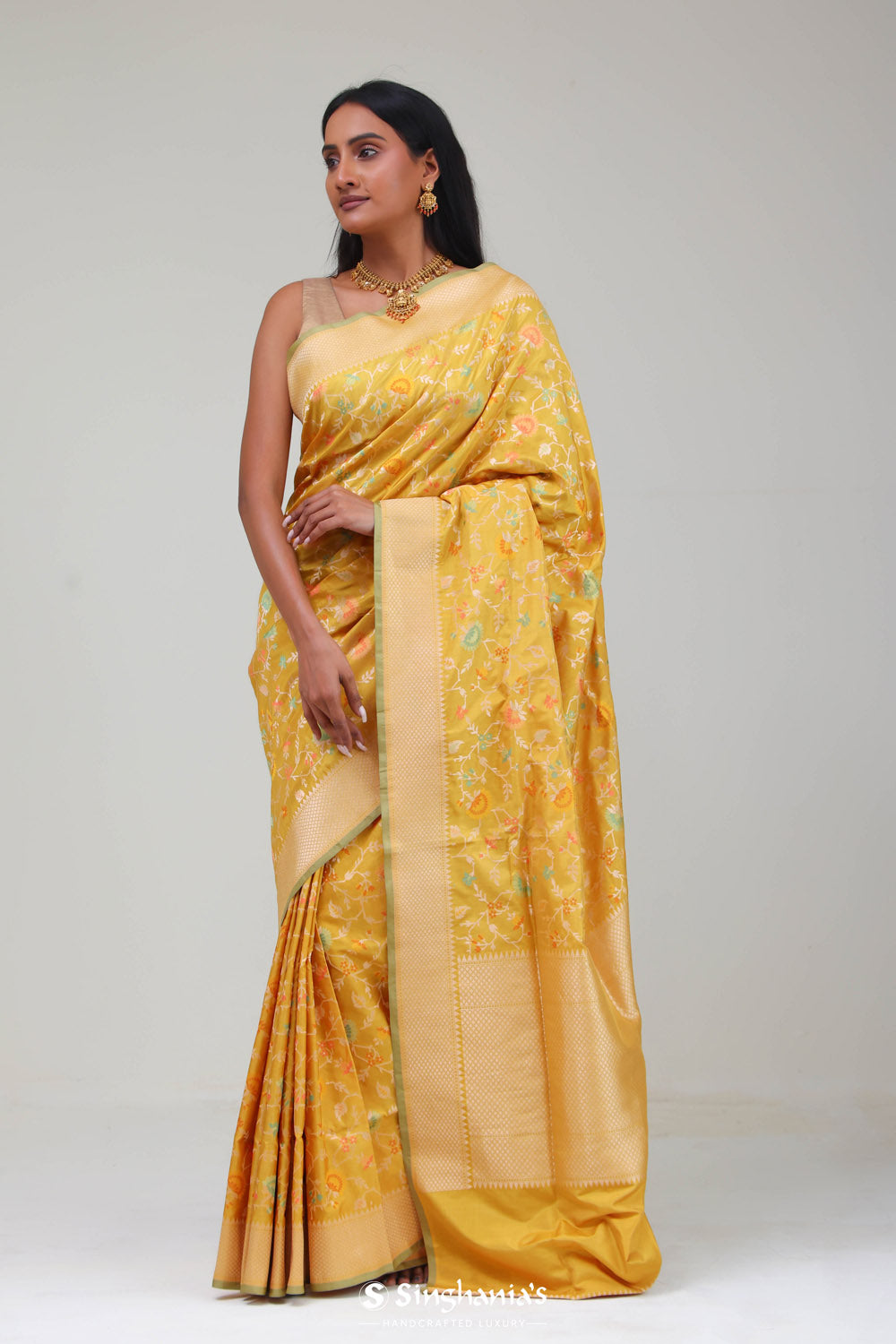 Citrine Green Banarasi Silk Jaal Saree