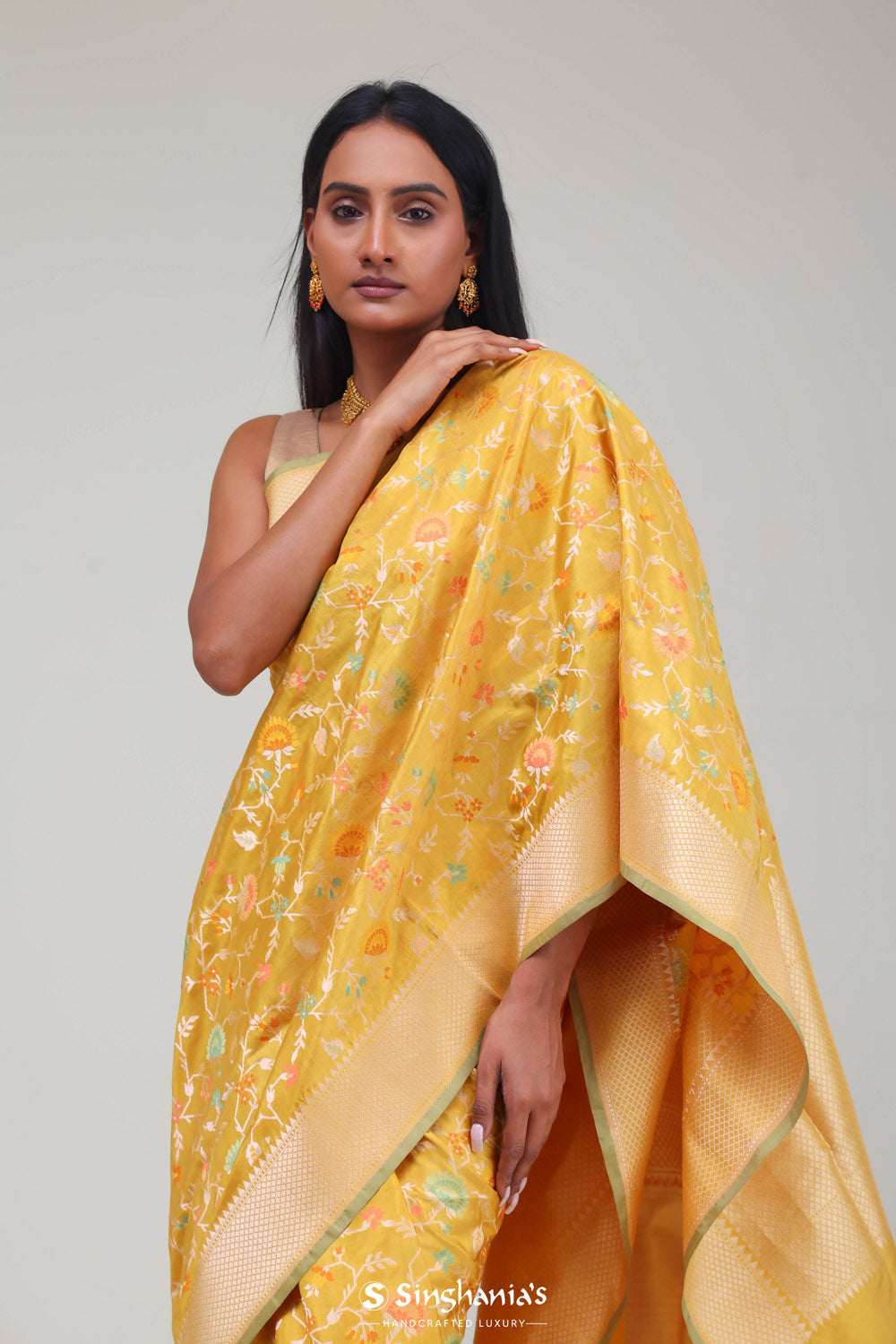 Citrine Green Banarasi Silk Jaal Saree