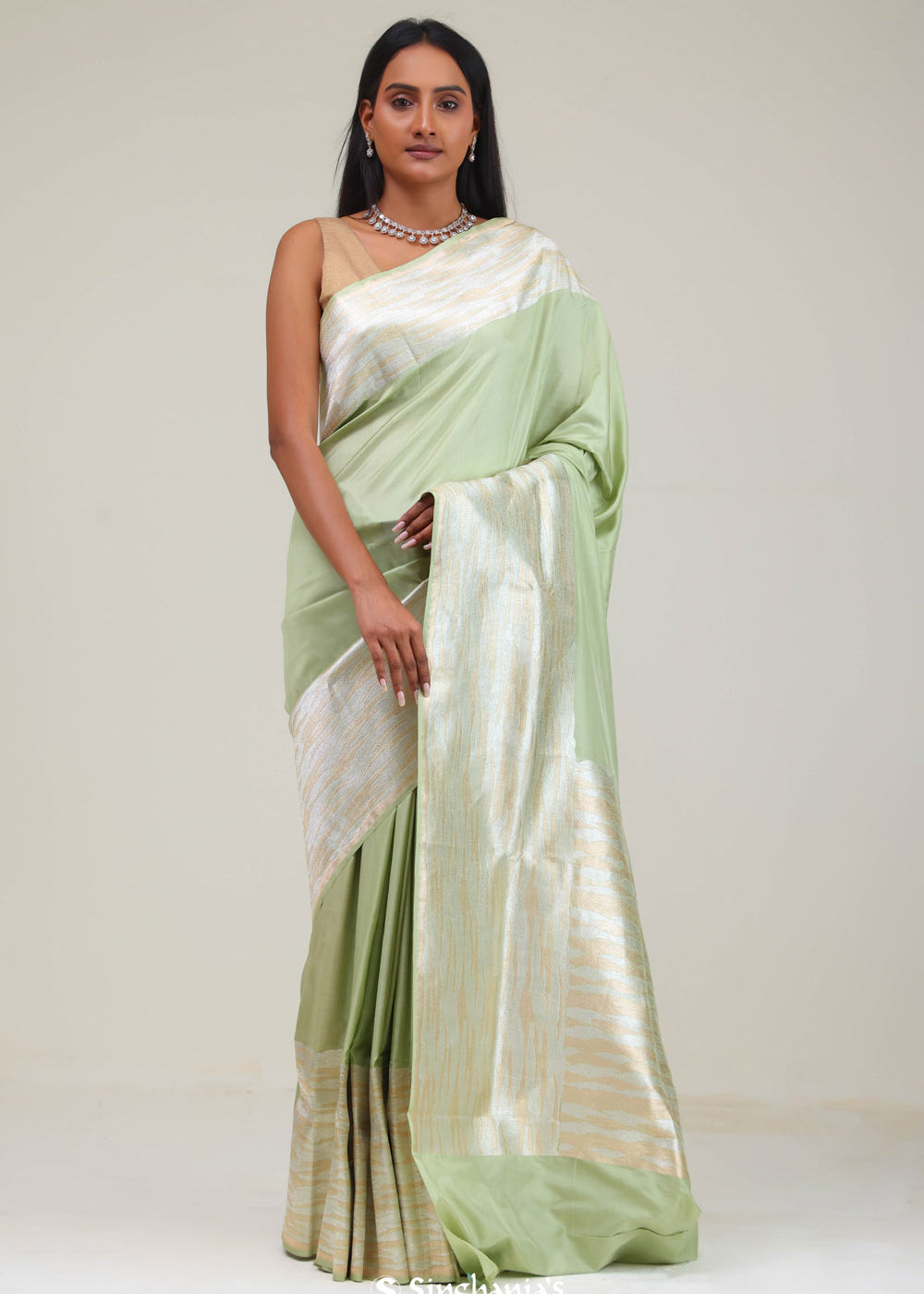 Chinoise Green Satin Banarasi Saree With Statement Border