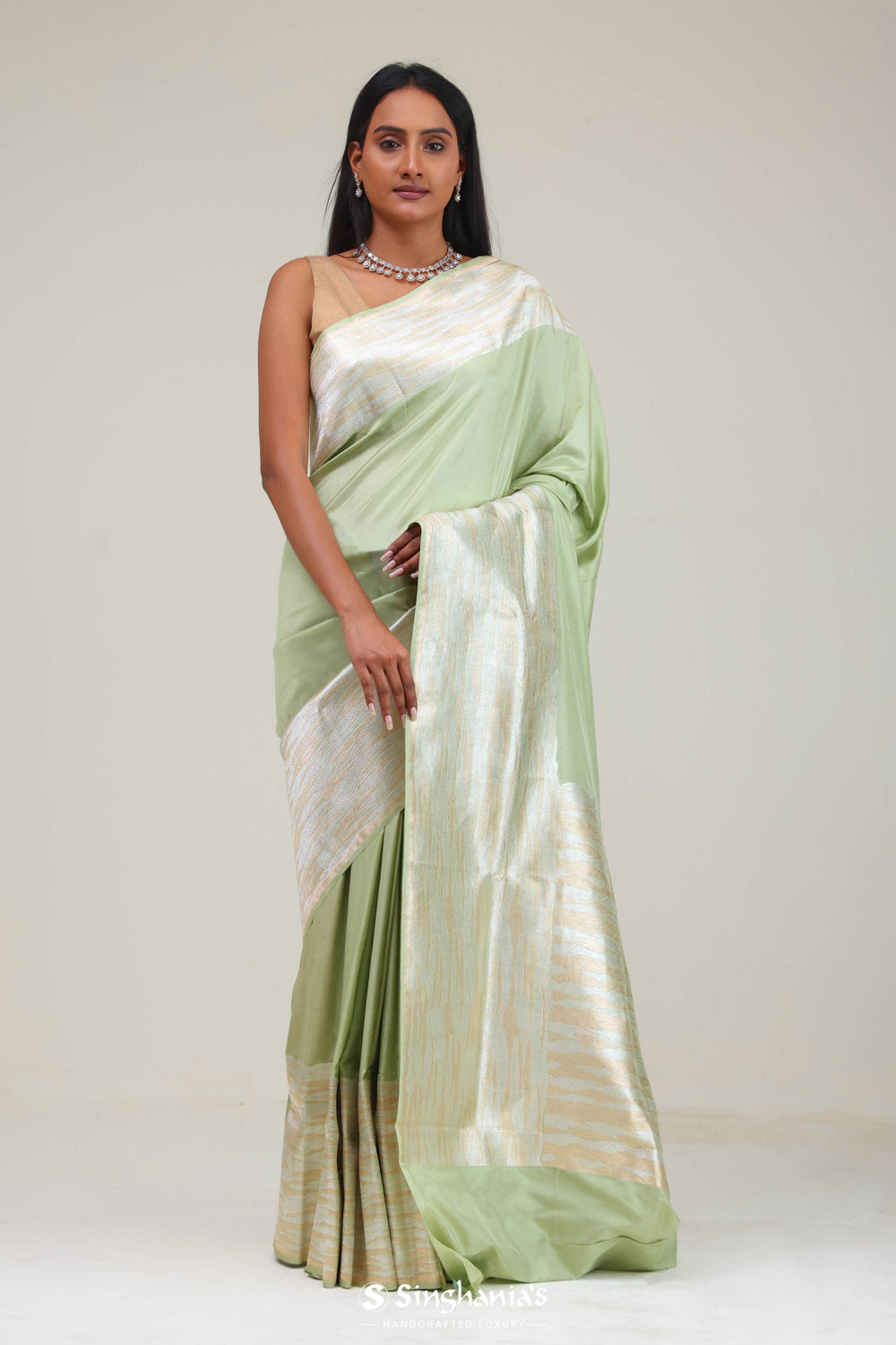 Chinoise Green Satin Banarasi Saree With Statement Border