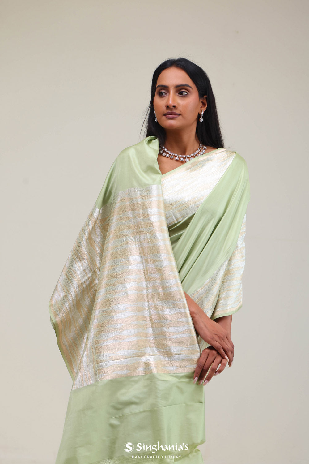 Chinoise Green Satin Banarasi Saree With Statement Border
