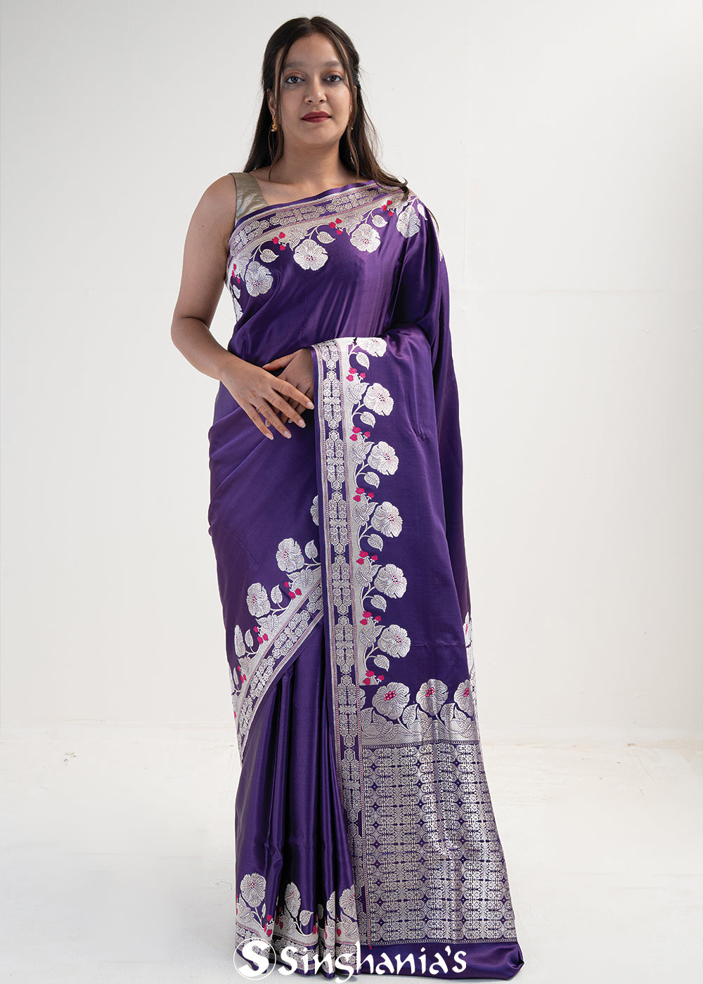 Rebecca Purple Banarasi Satin Floral Saree