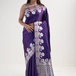 Rebecca Purple Banarasi Satin Floral Saree