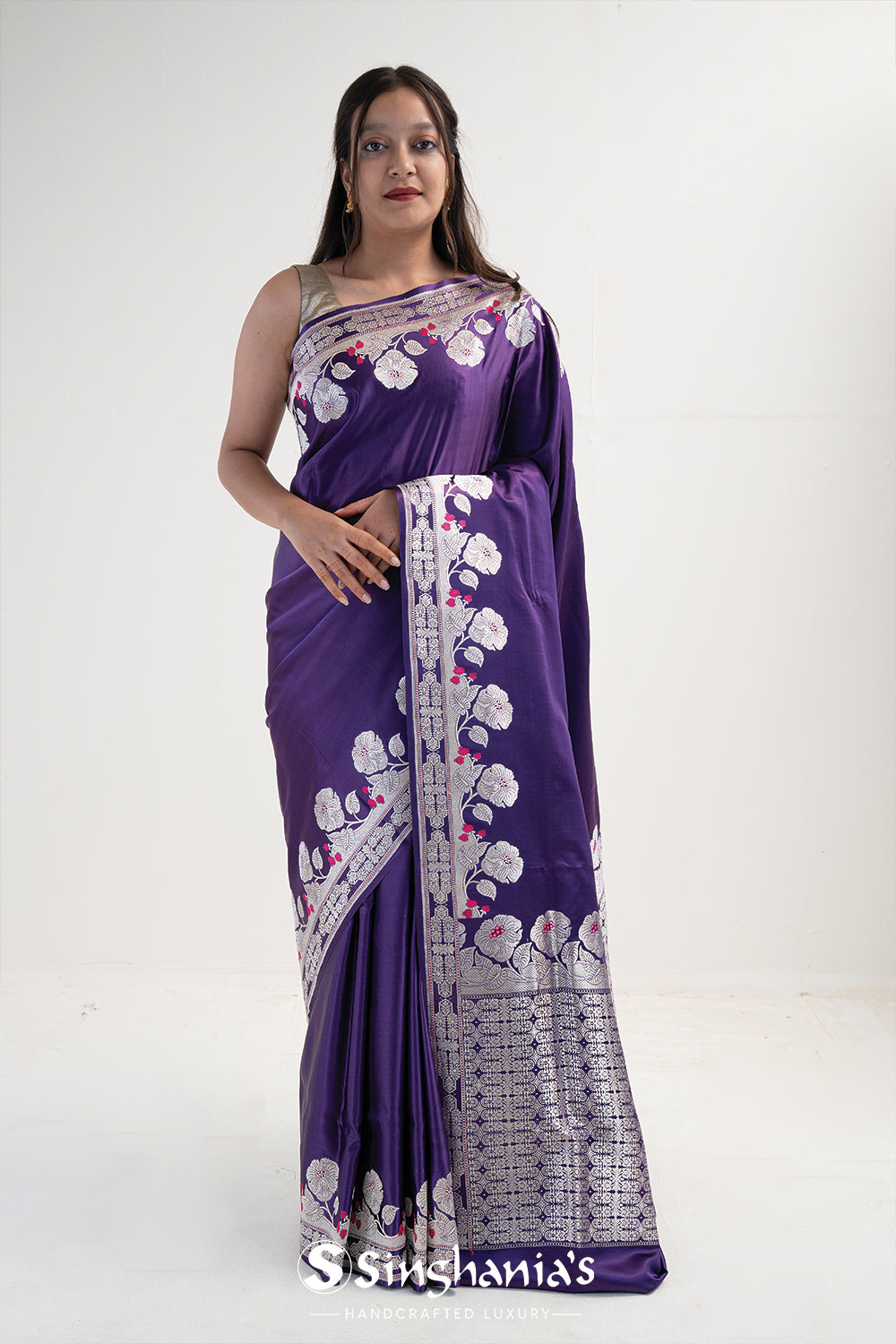 Rebecca Purple Banarasi Satin Floral Saree