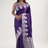 Rebecca Purple Banarasi Satin Floral Saree
