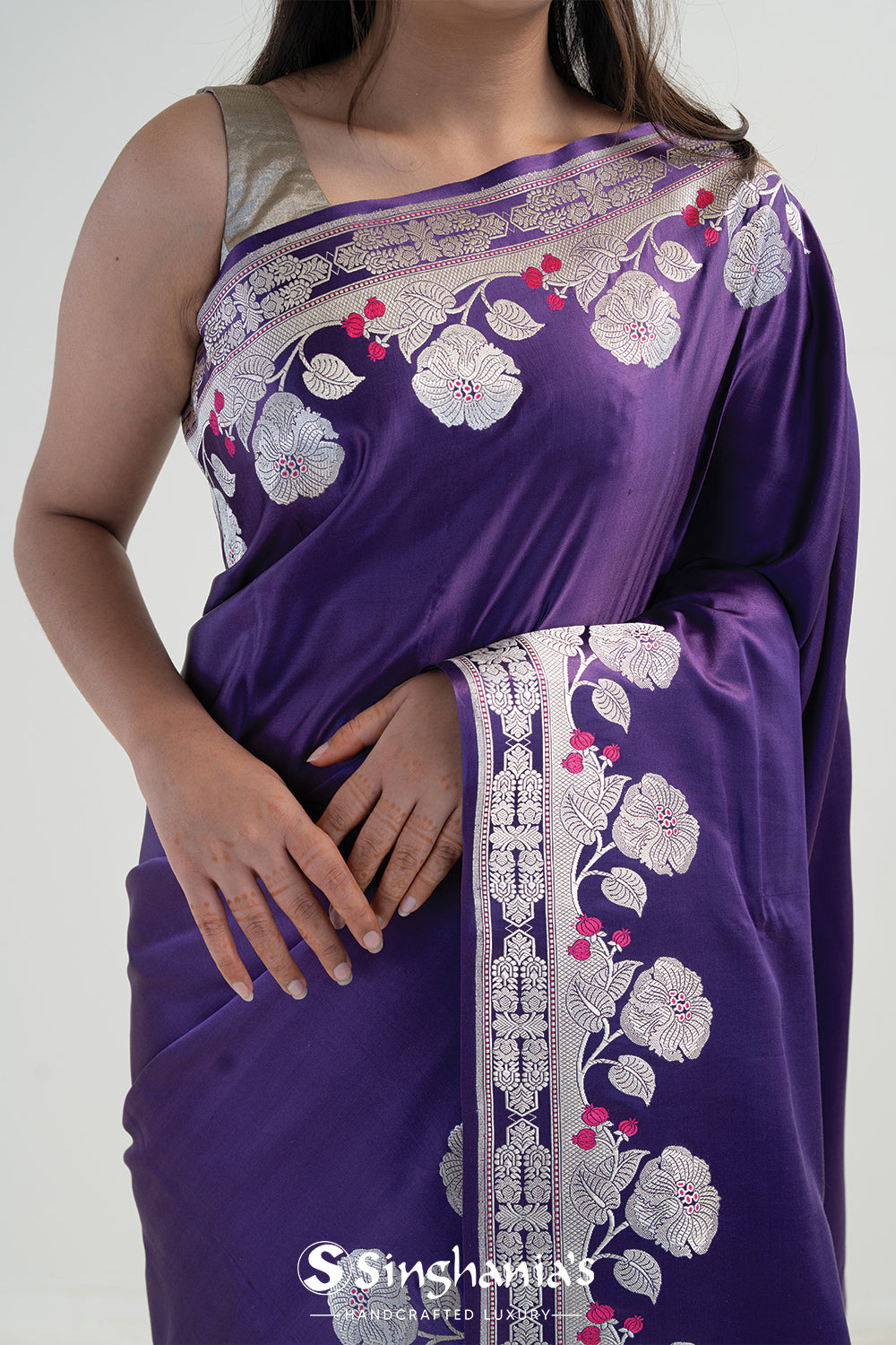 Rebecca Purple Banarasi Satin Floral Saree