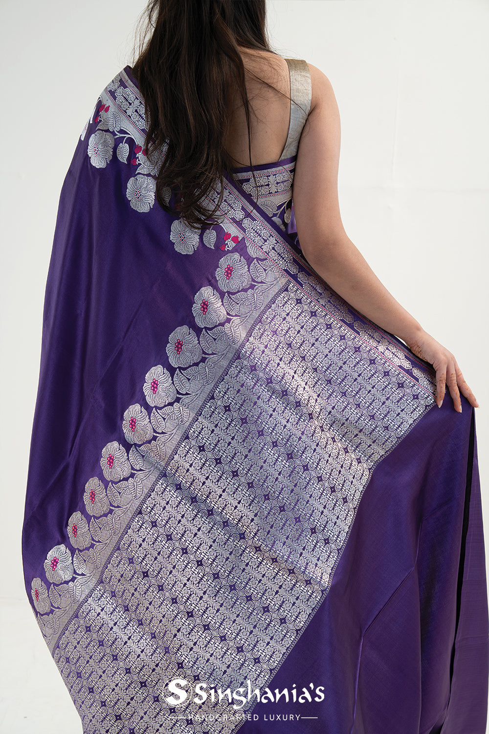 Rebecca Purple Banarasi Satin Floral Saree