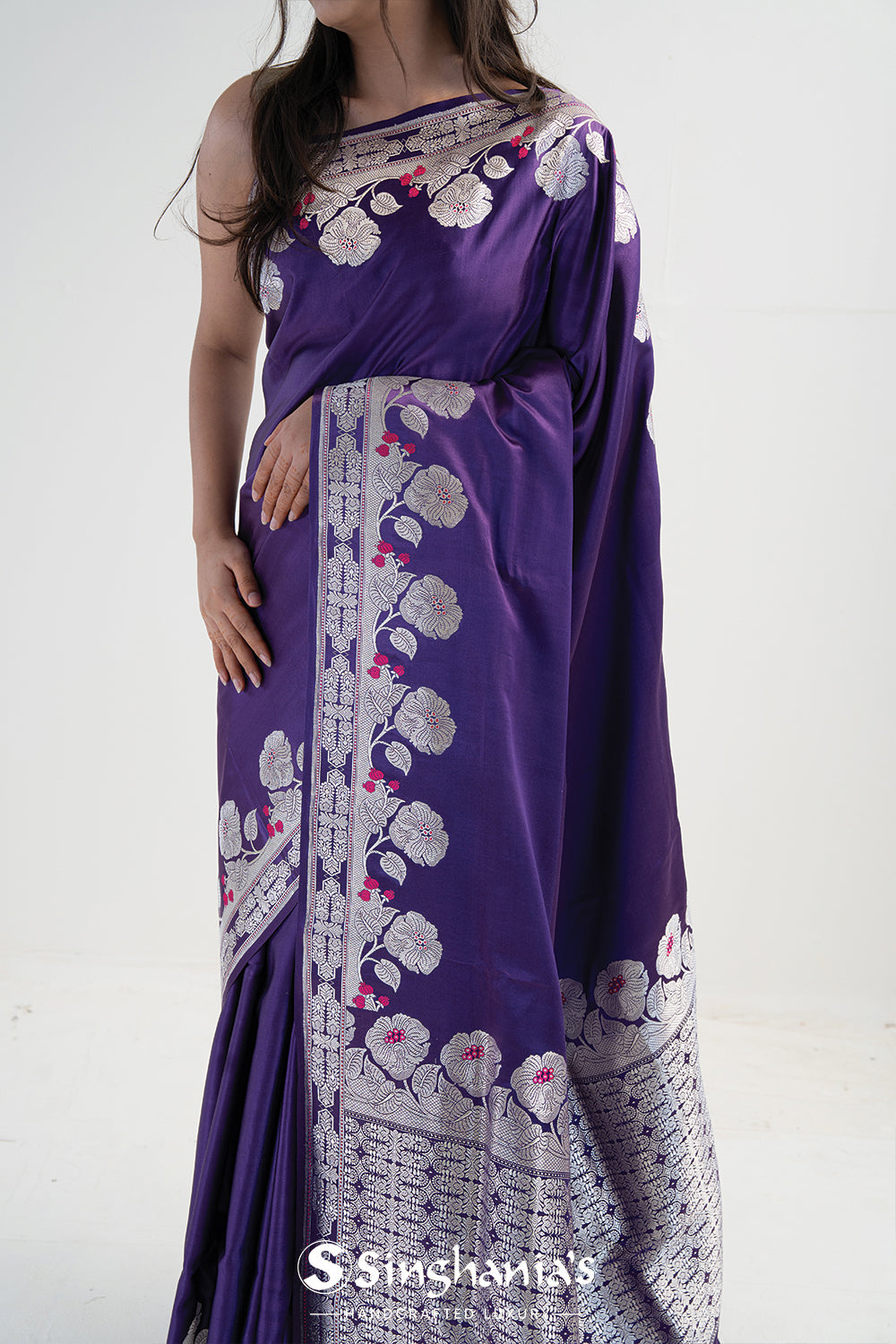 Rebecca Purple Banarasi Satin Floral Saree