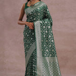 Green Banarasi Silk Saree With Silver Zari Border