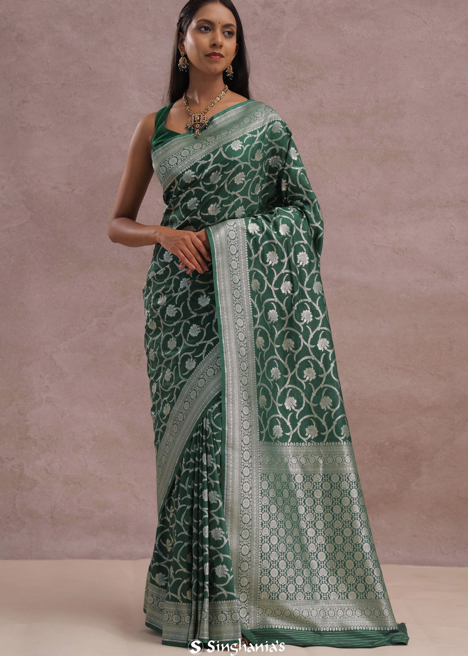 Green Banarasi Silk Saree With Silver Zari Border