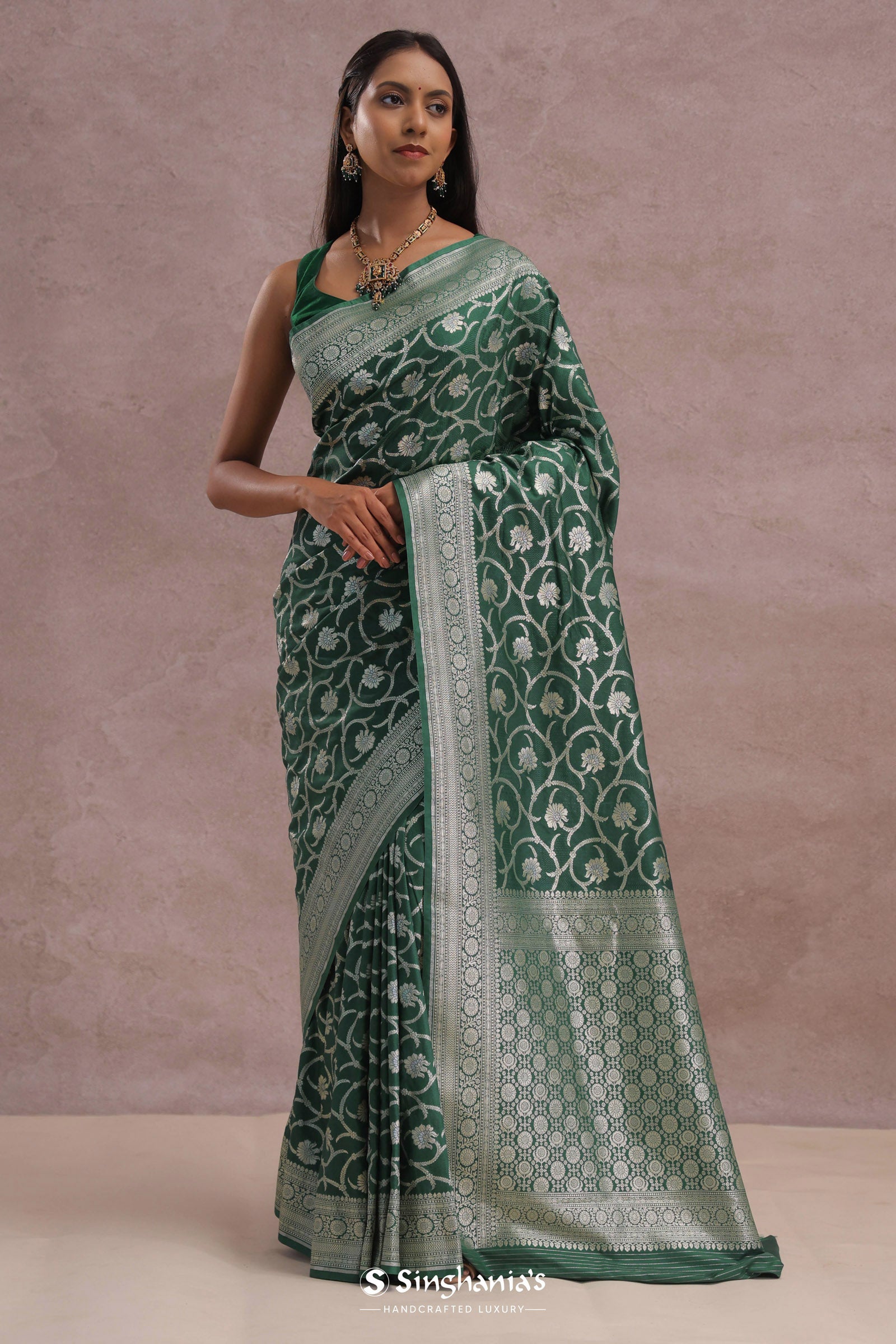 Green Banarasi Silk Saree With Silver Zari Border