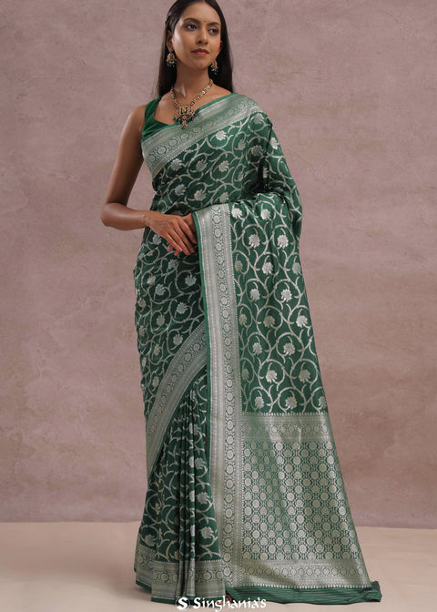 <img> Green Banarasi Silk Saree With Silver Zari Border